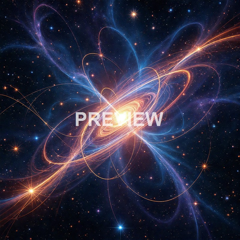 A vibrant, colorful depiction of a galaxy with swirling light trails and bright stellar objects against a dark space background.
